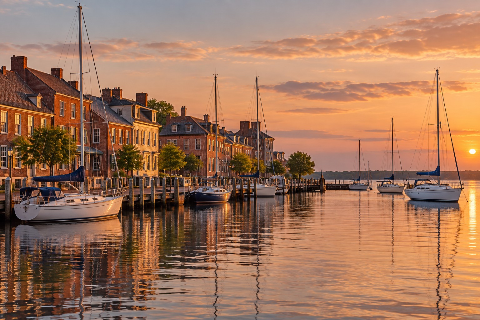 The historic Annapolis, Maryland waterfront at dusk, illustrative