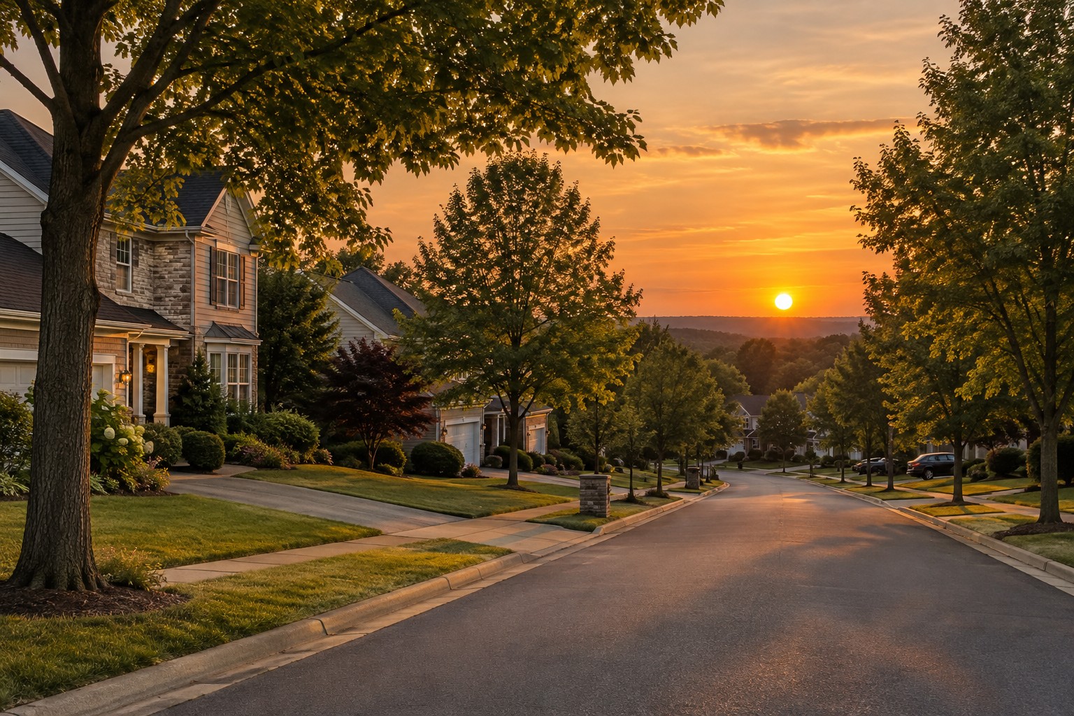 A Maryland street at sunset, illustrative