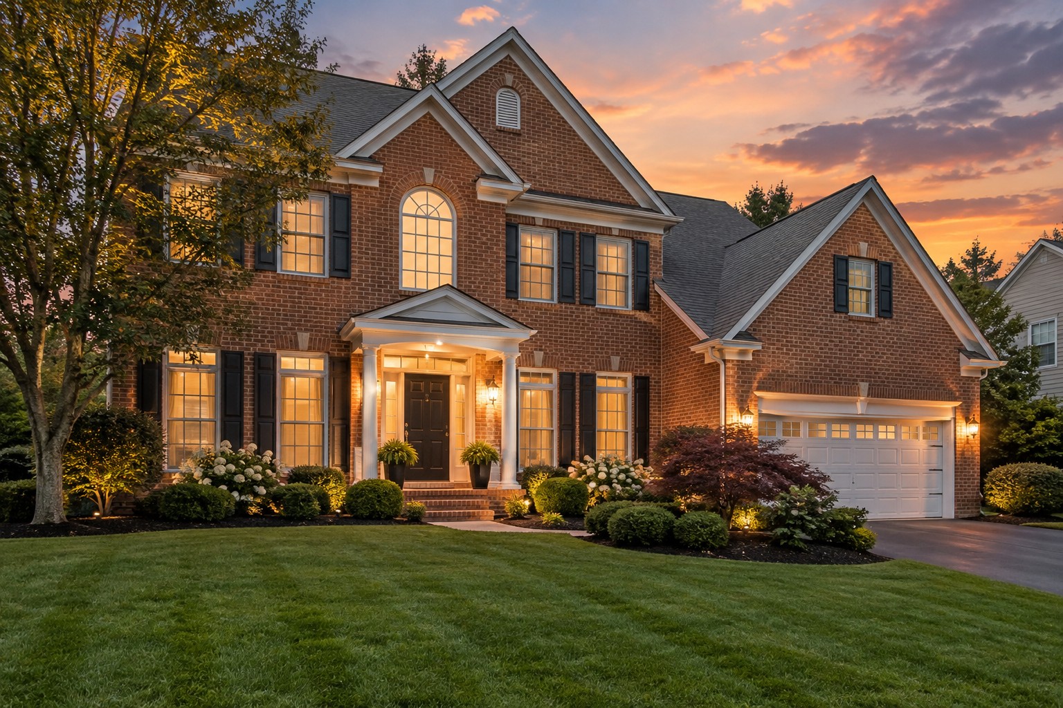 A Maryland home exterior at dusk, illustrative